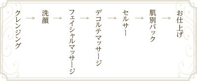 クレンジング→洗顔→フェイシャルマッサージ→デコルテマッサージ→セルサー→肌別パック→お仕上げ