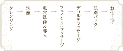 クレンジング→洗顔→毛穴洗浄＆導入→フェイシャルマッサージ→デコルテマッサージ→肌別パック→お仕上げ