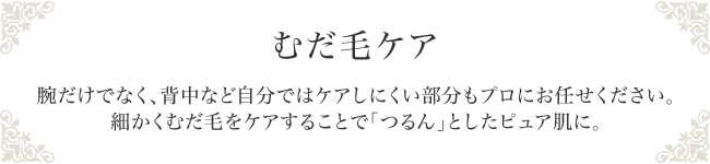 むだ毛ケア　腕だけでなく、背中など自分ではケアしにくい部分もプロにお任せください。 細かくむだ毛をケアすることで「つるん」としたピュア肌に。